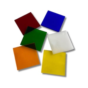 May include: Six square-shaped pieces of colored glass in various colors, including red, blue, green, orange, yellow, and white.
