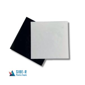 May include: Two square plastic sheets, one black and one white, are slightly overlapping. The white sheet is on top, and the black sheet is partially visible beneath it. The image includes the text "SIBE-R Plastics Supply" in the bottom left corner.