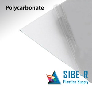 May include: A clear sheet of polycarbonate plastic with a protective film on one side. The sheet is slightly angled and the protective film is partially peeled back. The text "Polycarbonate" is visible at the top of the image. The logo for Sibe-R Plastics Supply is visible at the bottom of the image.