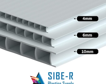 May include: Three white plastic sheets stacked on top of each other. The sheets are 4mm, 6mm, and 10mm thick. The sheets are ribbed on one side and smooth on the other. The sheets are used for a variety of purposes, including signage, displays, and protective barriers.