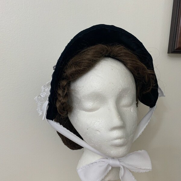 Victorian Black Velvet Fanchon Bonnet