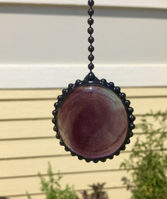 Light Pull Ceiling Fan Lamp Round Purple Glass Jewel Chain Handmade Antiqued Suncatcher Christmas Gift Vintage Style