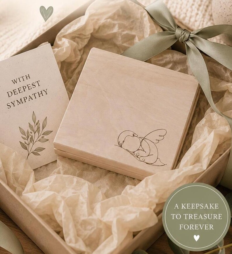 Peut inclure: Un coffret souvenir en bois avec un dessin au trait d'un ange endormi, pr&eacute;sent&eacute; dans une bo&icirc;te cadeau avec une carte indiquant &laquo; AVEC NOS PLUS SINC&Egrave;RES CONDOL&Eacute;ANCES &raquo;. La bo&icirc;te est entour&eacute;e de papier de soie et d'un ruban vert sauge. Un cercle indique &laquo; UN SOUVENIR &Agrave; CH&Eacute;RIR POUR TOUJOURS &raquo;.