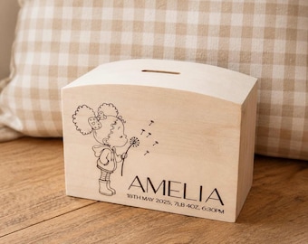 Timeless Money Box | Personalised Wooden Money Box for Girls | Piggy Bank | Children's Savings Box | Girl Birthday Gift | Keepsake Gift