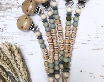 DUSTY SAGE light weight Personalized BIBS Dummy Pacifier Clip, Pacifier Chain, Wooden Silicone Beads Dummy clip, Personalised Baby gift