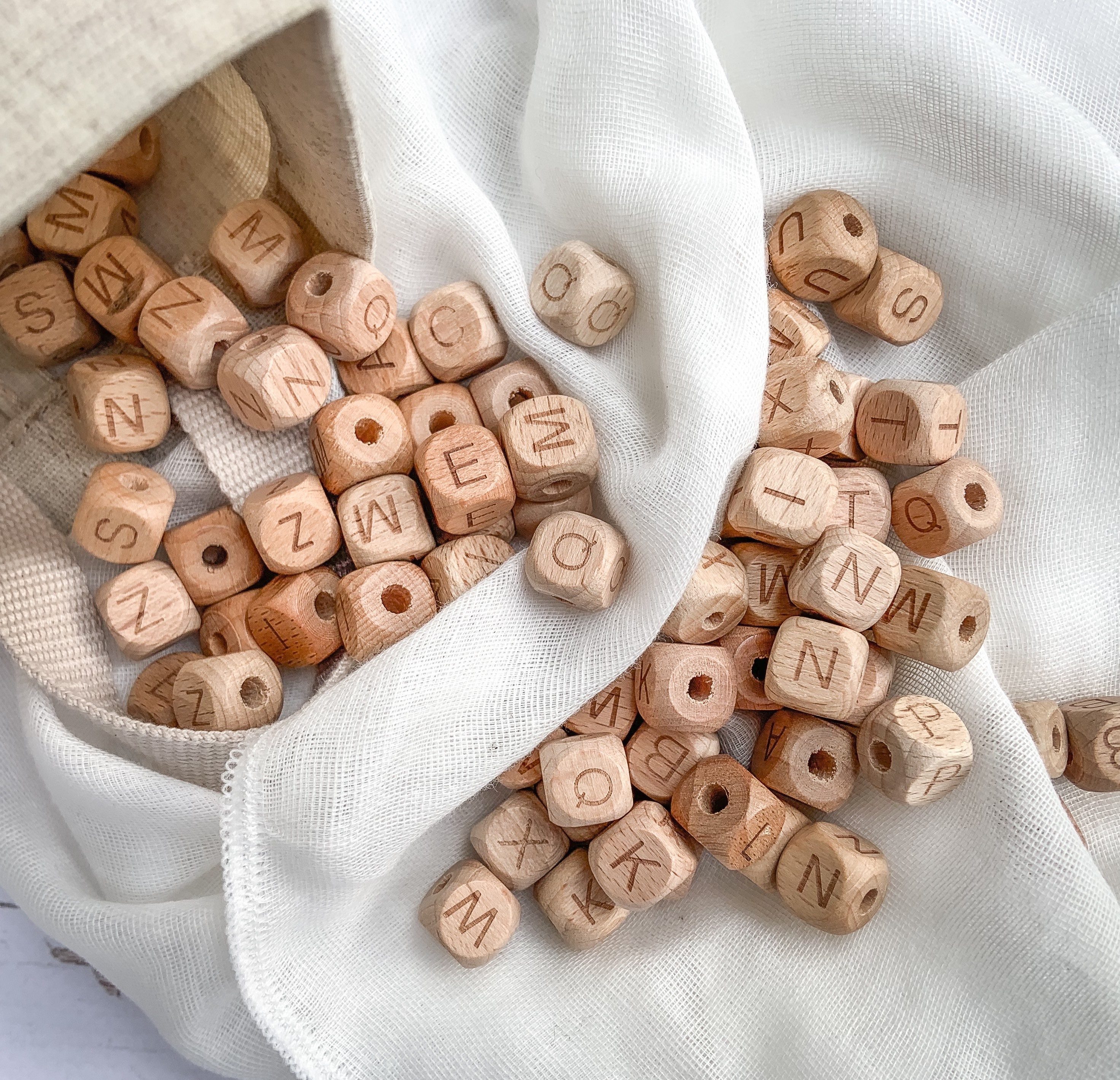 Wood Alphabet Letter Beads / Big Wooden Cube Initial Bead / Square