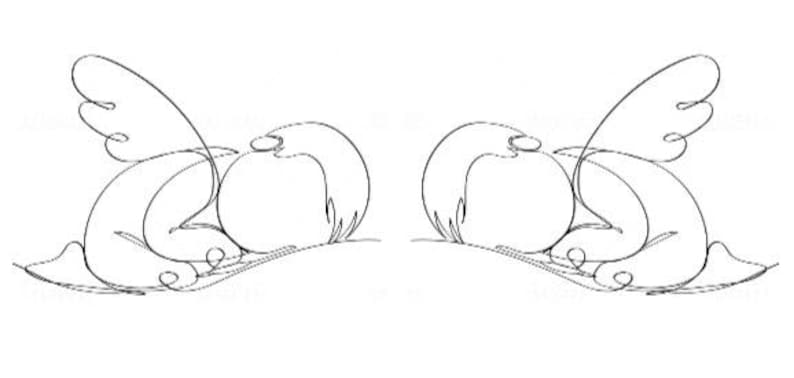May include: A minimalist line drawing of two stylized angel figures, each with a rounded body, a small head, and a single wing. The figures are in a symmetrical arrangement, with delicate lines and a whimsical aesthetic.