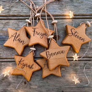 RUSTIC STAR Christmas tree decorations, personalised wooden star decoration, hanging star, Gift wrapping, solid wood, keepsake