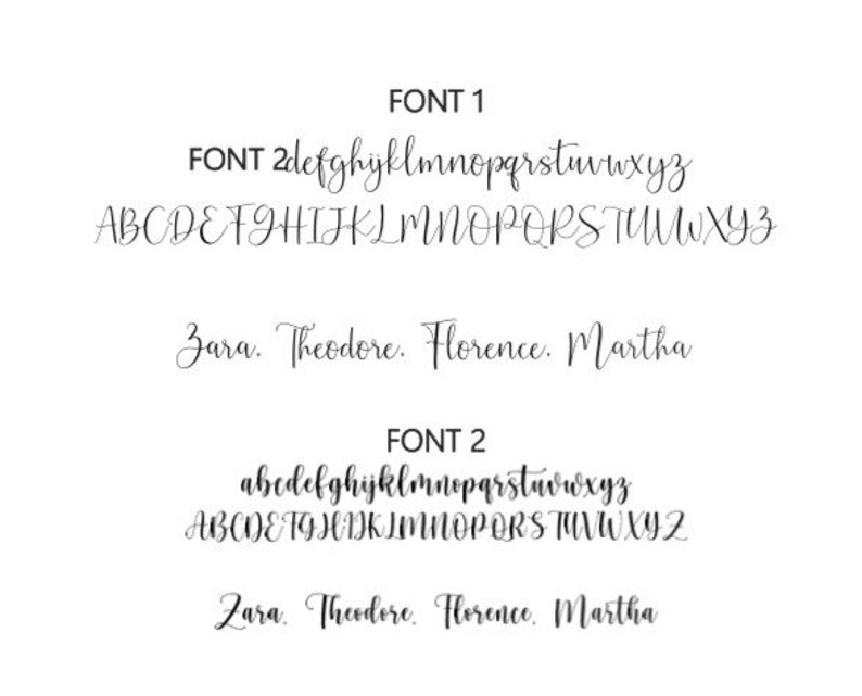 Peut inclure: Deux polices diff&eacute;rentes sont pr&eacute;sent&eacute;es avec l'alphabet en lettres majuscules et minuscules. Les mots "Zara, Theodore, Florence, Martha" sont &eacute;crits dans les deux polices.