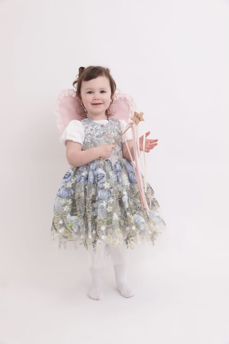 Peut inclure: Une jeune fille v&ecirc;tue d'une robe de f&eacute;e bleu clair et verte &agrave; fleurs avec une superposition de tulle rose, des ailes de f&eacute;e roses et tenant une baguette en bois en forme d'&eacute;toile avec un ruban rose.