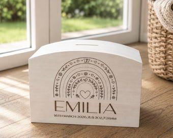 Rainbow Personalised Wooden Money Box For Kids | Baby Girl Piggy Bank  | Children Keepsake | Christening Gift | Baby Girl First Piggybank