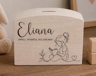 Classical Personalised Wooden Money Box For Kids | Baby Girl Piggy Bank  | Nursery Keepsake | Christening Gift | First Piggybank