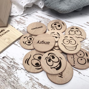 MY MOOD Emotions Flashcards Houten schijven, Feelings-flashkaarten, educatief hulpmiddel, houten speelgoed, speciale behoeften, leermiddel Montessori