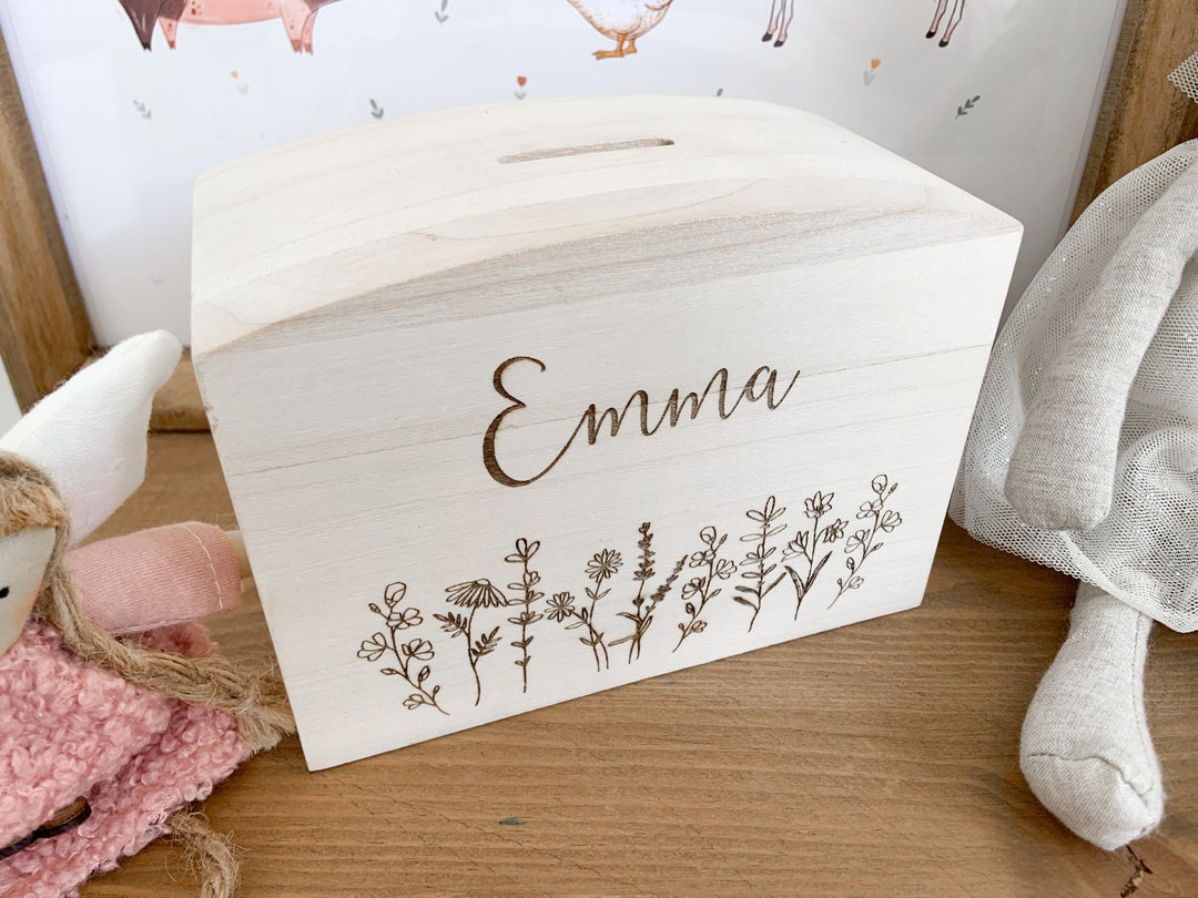 Personalized Wooden Money Box, Engraved Floral Design - Etsy