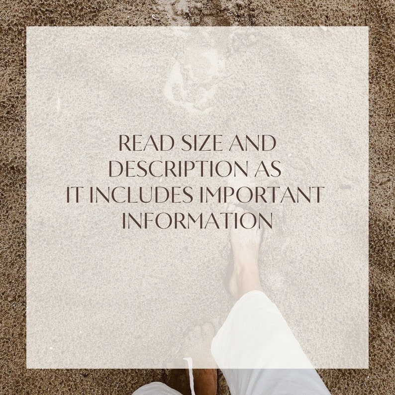 May include: A person's feet and lower legs are visible, wearing white pants, standing on a sandy surface. The image has text that reads "READ SIZE AND DESCRIPTION AS IT INCLUDES IMPORTANT INFORMATION".