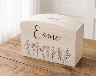 Personalized Wooden Money Box, Engraved Floral Design