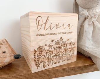 WILDFLOWER money box, Personalised wooden piggy bank, Birthday gift, Keepsake gift, Penny bank, Christening gift