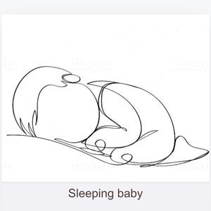 Peut inclure: Dessin au trait minimaliste d'un b&eacute;b&eacute; endormi. L'&oelig;uvre est r&eacute;alis&eacute;e en un seul trait noir continu sur fond blanc. Le texte "Sleeping baby" est affich&eacute; en dessous de l'image.