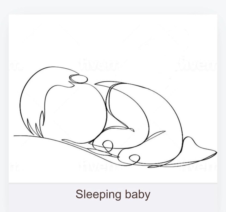 Peut inclure: Dessin au trait minimaliste d'un b&eacute;b&eacute; endormi. L'&oelig;uvre est r&eacute;alis&eacute;e en un seul trait noir continu sur fond blanc. Le texte "Sleeping baby" est affich&eacute; en dessous de l'image.