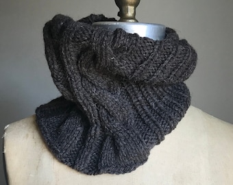 hand knit Cableknit Cowl Neckwarmer Snood Tube scarf, undyed eco wool, Cozy Fall / Winter, Woman Man unisex, Ready to Ship