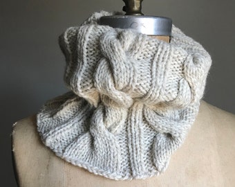 hand knit Cableknit Cowl Neckwarmer Snood Tube scarf, undyed eco wool, Cozy Fall / Winter, Woman Man unisex, Ready to Ship