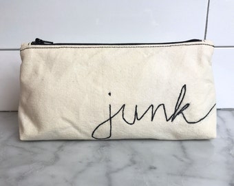 canvas 'junk' zipper pouch / zip bag / accessory bag / makeup bag / purse organizer / embroidered pouch / gadget bag / junk bag