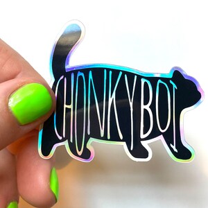 Op de afbeelding: Een zwarte en iriserende sticker met de tekst "Chonky Boi" in wit. De sticker heeft de vorm van een kat.