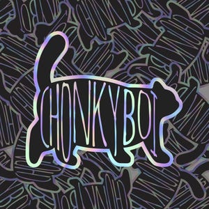 Op de afbeelding: Een zwart-witte sticker met een holografische afwerking. De sticker toont een cartoonillustratie van een dikke kat met de tekst "CHONKY BOI" op zijn lichaam.