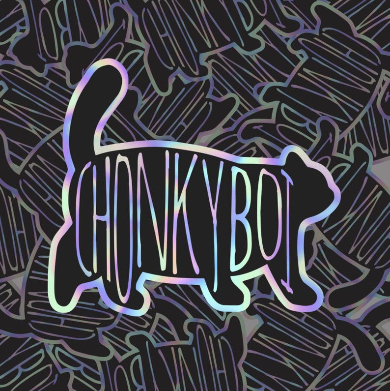 Op de afbeelding: Een zwart-witte sticker met een holografische afwerking. De sticker toont een cartoonillustratie van een dikke kat met de tekst "CHONKY BOI" op zijn lichaam.