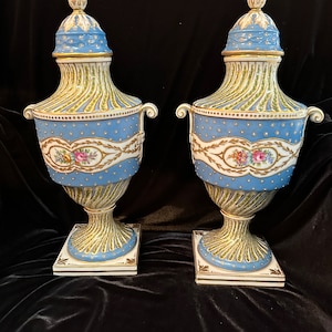 Pair of Sevres France Porcelain Hand Painted Twin Handled Urns, late 19th Century