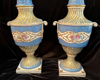 Pair of Sevres France Porcelain Hand Painted Twin Handled Urns, late 19th Century