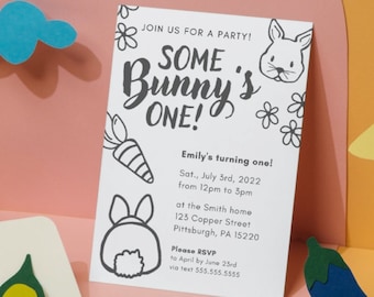 Bunny Themed First Birthday TEMPLATE | Some Bunny&#39;s One | First Birthday Invitation Template | Canva Template