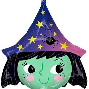 May include: A green witch face balloon with a purple and pink pointed hat with yellow stars and a black spider.