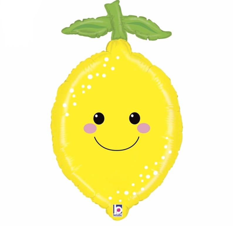 Puede incluir: Un globo amarillo en forma de lim&oacute;n con una cara sonriente y puntos blancos. El globo tiene hojas verdes en la parte superior.