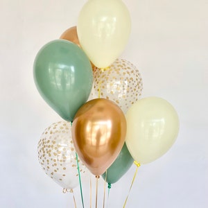 Sage Green Balloons - Chrome Copper and Confetti Balloons, Sage Decorations, Bridal Shower Decor, Wedding, Baby Shower Balloons, Sage Decor