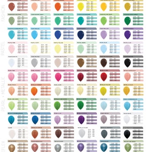 May include: A color chart of latex balloons with different colors and sizes. The chart is organized by color category, including fashion, pastel, pearl and metallic, reflex, and crystal. Each balloon has a color name, size, and PMS color code.