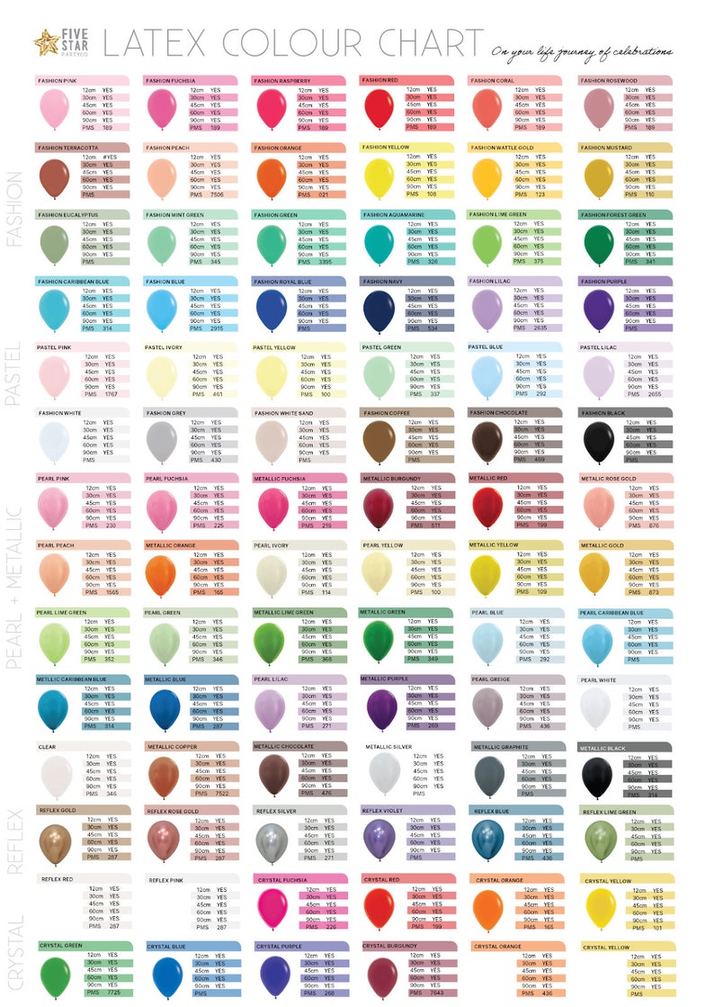 May include: A color chart of latex balloons with different colors and sizes. The chart is organized by color category, including fashion, pastel, pearl and metallic, reflex, and crystal. Each balloon has a color name, size, and PMS color code.