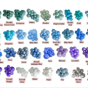 May include: A chart of 25 different colors of balloons, each color is labeled with a name. The balloons are arranged in five rows of five balloons each.