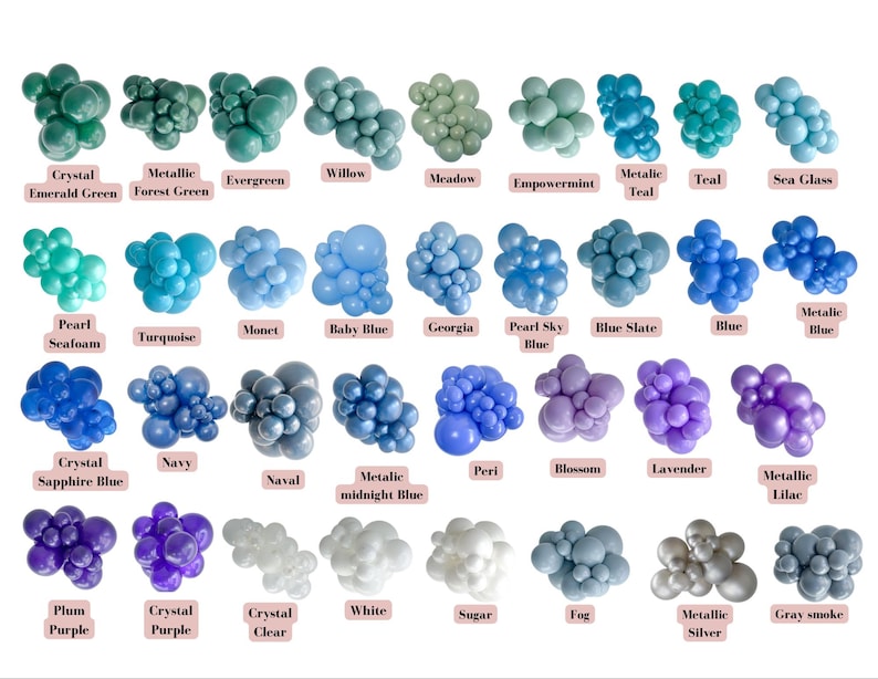 May include: A chart of 25 different colors of balloons, each color is labeled with a name. The balloons are arranged in five rows of five balloons each.