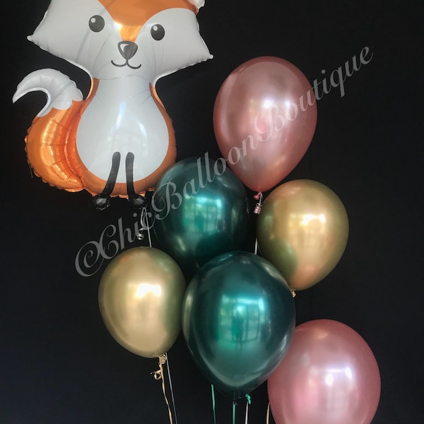 Globos de otoño, globos en oro rosa y verde bosque, globos de bosque, globos de zorro, baby shower de otoño, decoraciones de bosque