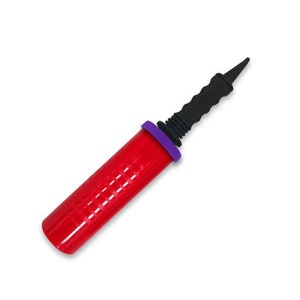 May include: A red balloon pump with a black handle and a purple ring around the base.