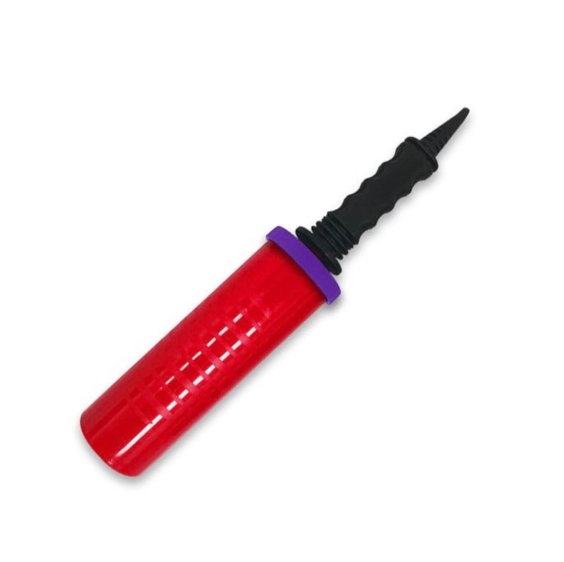 May include: A red balloon pump with a black handle and a purple ring around the base.
