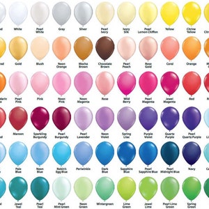May include: A color chart of balloons in various shades, including white, yellow, pink, blue, green, and purple. Each balloon is labeled with its color name, such as "Diamond Clear," "Pearl White," and "Sapphire Blue."