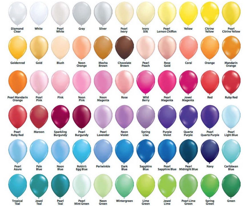 May include: A color chart of balloons in various shades, including white, yellow, pink, blue, green, and purple. Each balloon is labeled with its color name, such as "Diamond Clear," "Pearl White," and "Sapphire Blue."