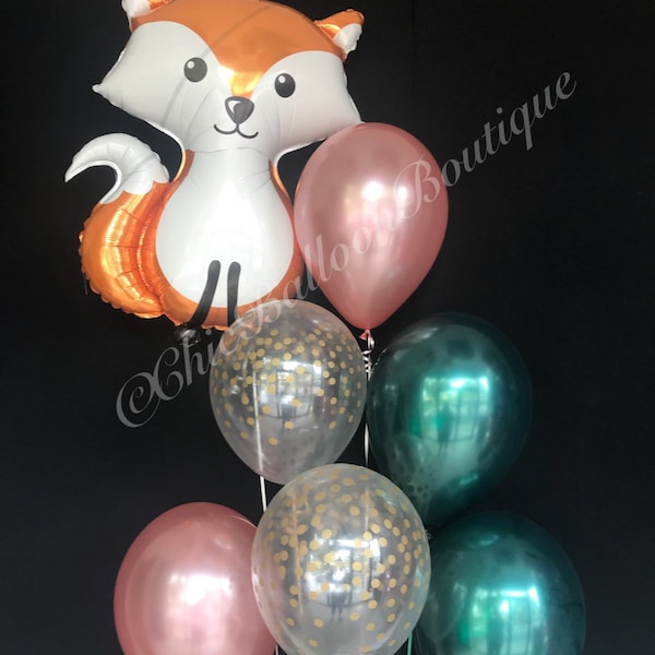 Globos de zorro, globos de otoño, oro rosa, verde bosque, globos de confeti, baby shower de otoño, decoración de bosque encantado, decoraciones de bosque