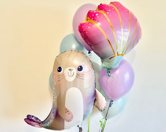 Seal and Shell Balloon Bouquet Mint Seaglass Lavendar Oneder Under the Sea Birthday Under the Sea Baby Shower Ocean Theme Beach Party Shells