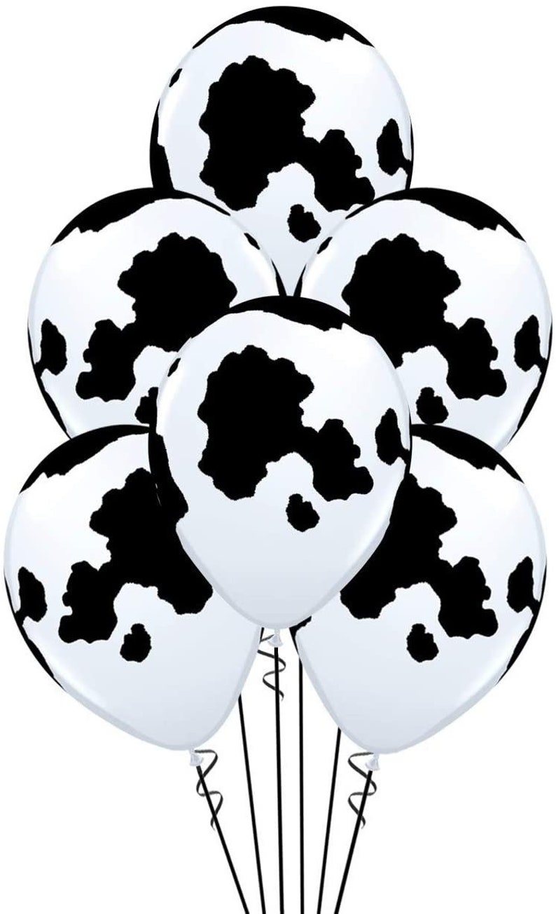 K&ouml;nnte beinhalten: Ein Set mit sechs schwarzen und wei&szlig;en Kuh-Druckballons. Die Ballons sind mit einem schwarzen Band zusammengebunden.