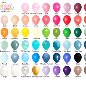 May include: A color chart of balloons from Chic Balloon Boutique, showcasing a wide array of colors. The balloons are arranged in rows, with each balloon labeled with its color name, including shades of pink, red, green, blue, and more.