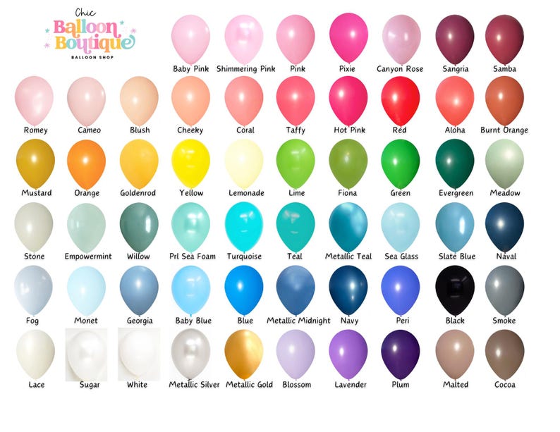May include: A color chart of balloons from Chic Balloon Boutique, showcasing a wide array of colors. The balloons are arranged in rows, with each balloon labeled with its color name, including shades of pink, red, green, blue, and more.