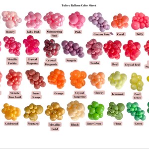 May include: A color chart showing 36 different colors of latex balloons. The colors are arranged in rows and columns, with each color having a name below it. The colors include cameo, Romey, baby pink, shimmering pink, pink, canyon rose, coral, taffy, pixie, hot pink, metallic fuchsia, crystal magenta, crystal burgundy, sangria, samba, red, crystal red, metallic starfire red, aloha, metallic rose gold, burnt orange, orange, crystal tangerine, cheeky, lemonade, pearl yellow, crystal yellow, yellow, goldenrod, mustard, metallic gold, blush, lime green, Fiona, green, and metallic green.